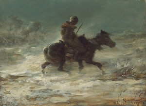 Man with Lance Riding through the Snow [circa 1880] by Adolf Schreyer [1828–1899]
